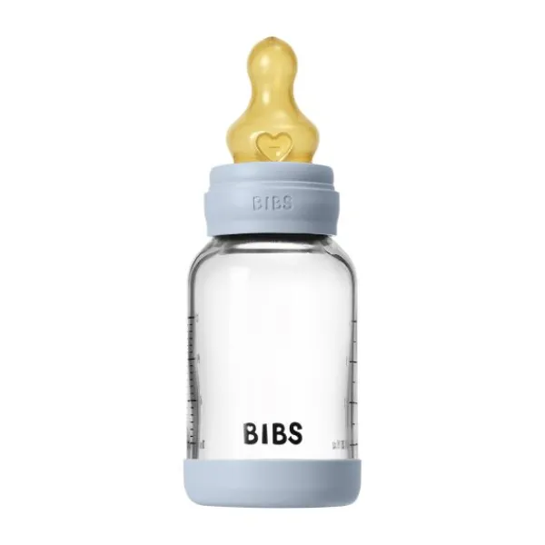 BIBS Fles - Slow Flow - Ronde Speen - 120 ml - Glas/Latex - Baby Blue> Flessen