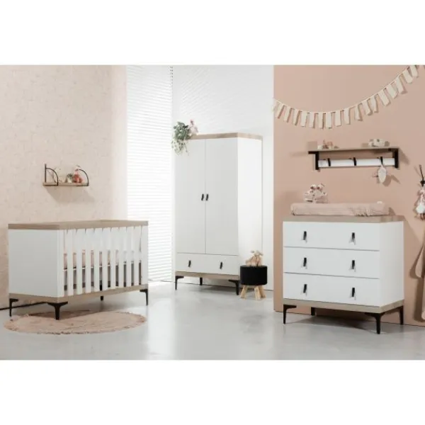 Interbaby Ledikant 60 x 120 - Commode 3 Laden - Hanglegkast 2-Deurs Strips Wit> Complete Babykamers|Ladekasten